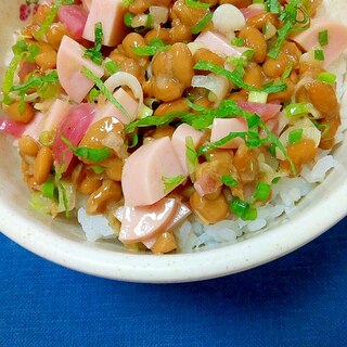納豆の食べ方-茗荷＆魚肉ソーセージ♪